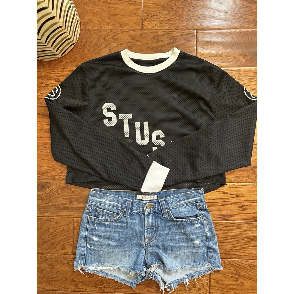 Stussy Women Mesh Cropped Jersey Long Sleeve Shirt Black White Logo Size M